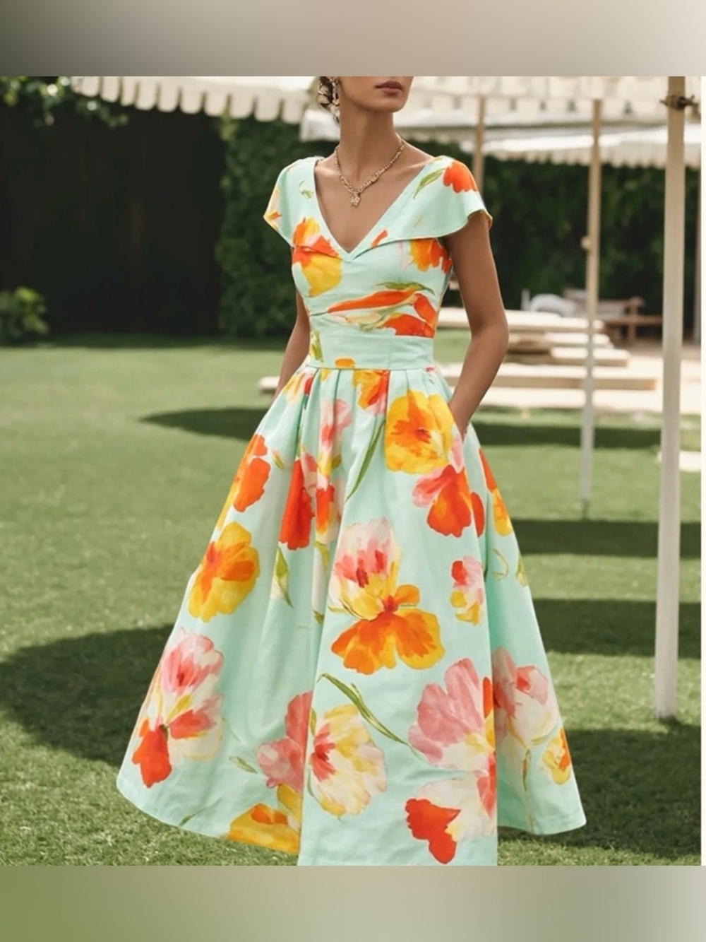 Floral Mint Green Midi Dress with Yellow & Coral Blooms #149